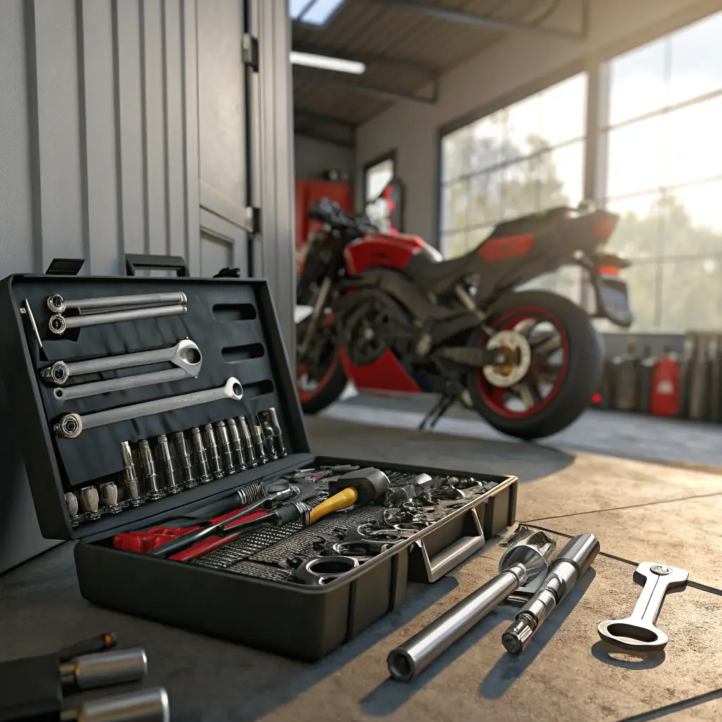 a toolbox with tools in it and a motorcycle in the background